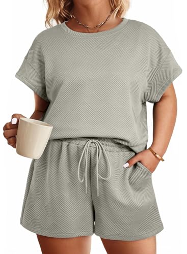Image of Eytino Women Plus Size 2 Piece Outfits Sweatsuit Short Sleeve Pullover Tops and Drawstring Shorts Pants(1X-5X)