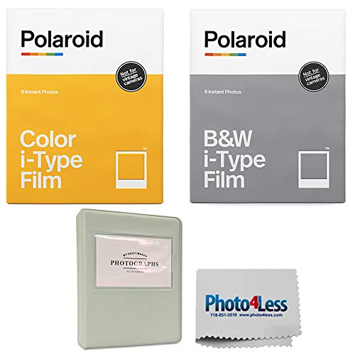 Polaroid Color Film for I-Type (8 Exposures) + Polaroid Black & White i-Type Instant Film (8 Exposures) + Grey Album - Holds 32 Photos