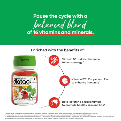 Image of Diataal Multivitamin with Biotin, B12, Niacin, Zinc & Folic Acid | Daily Supplement for Hair, Skin, Immunity & Energy | Men & Women | 30 Capsules |Pack of 2|