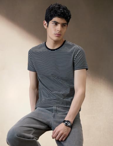 Image of Spykar Men's Slim Fit Round Neck Half Sleeve Striped Casual T-Shirt