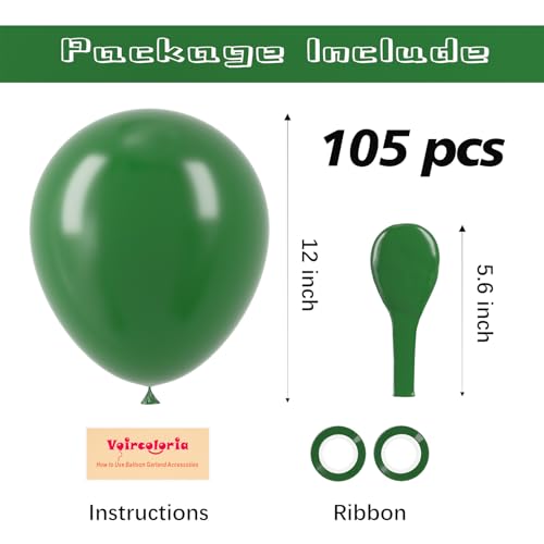 Image of Voircoloria 105pcs Dark Green Balloons 12inch Hunter Green Balloons for Birthday Dinosaur Baby Shower St. Patrick's Day Summer Jungle Forest Safari Party Decorations