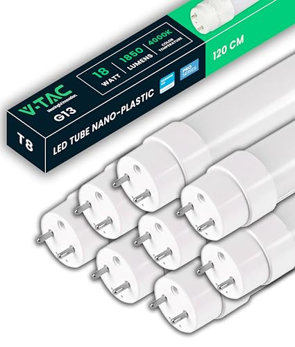 V-TAC Lot de 8 tubes LED 120 cm avec culot G13 18 W 1850 lumens puce Samsung pour plafond, mur, garage ou magasin - Tube LED forme T8 - Remplacement néon - Lumière 4000K blanc naturel