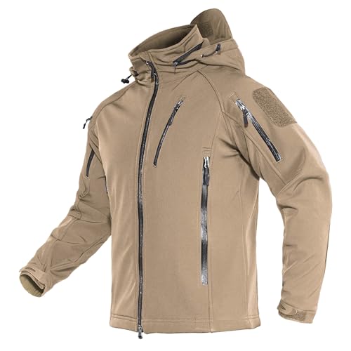 TACVASEN Mens Fleece Jacket Full Zip Outdoor Coats with Hood Waterproof Softshell Jackets Windproof Walking Coat Khaki,L