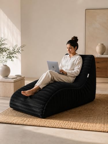 Image of Mollismoons Faux Fur Bean Bag Chair Cover for Adults & Kids | Luxury Lounger & Round Floor Sofa Seating | Modern Cozy Feel | No Beans Included (Black, Lounger)