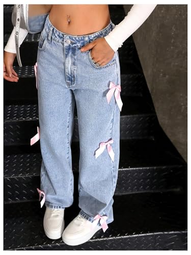 SOLY HUX Girl's Y2k Bow Jeans Cute Straight Leg Mid Waist Casual Denim Pants4