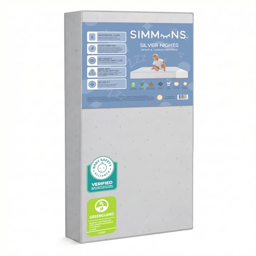 Simmons Kids Silver Nights Dual Sided 2-Stage Baby Crib Mattress and Toddler Mattress - GREENGUARD Gold – Waterproof - Sustainably Sourced Core Fiber Core, Grey