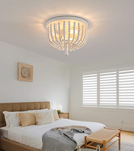 Q&S White Boho Beaded Chandeliers Flush Mount Ceiling Light,3-Lights Small Chandelier Light Fixture for Bedroom,Kitchen,Dining Room,Living Room,Stairway Gazebo - Image 3