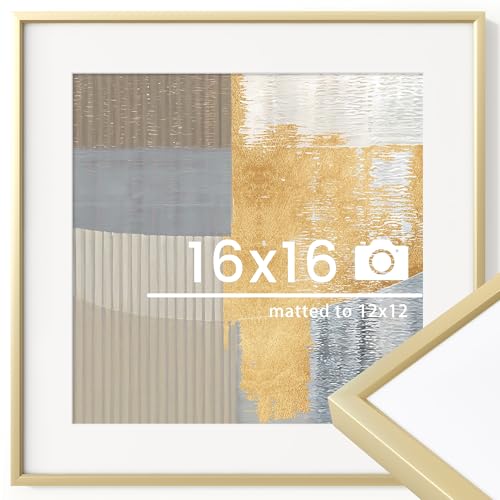 Photo 1 of 16x16 inch Metal Picture Frame - Thin Aluminum Square Photo Frames with 12x12 Removable Mat - High Definition Plexiglass - Vertical and Horizontal Display - Wall Hook Hanging Hardware Included - Gold