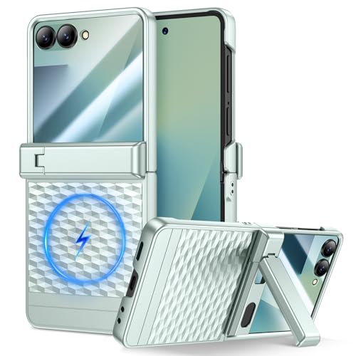 HWeggo para Samsung Galaxy Z Flip 7 Funda [Protección de bisagra＆Kickstand][Compatible con MagSafe][Protector de Pantalla Incorporado] Funda Militar de protección Total para Z Flip 7,Verde Menta
