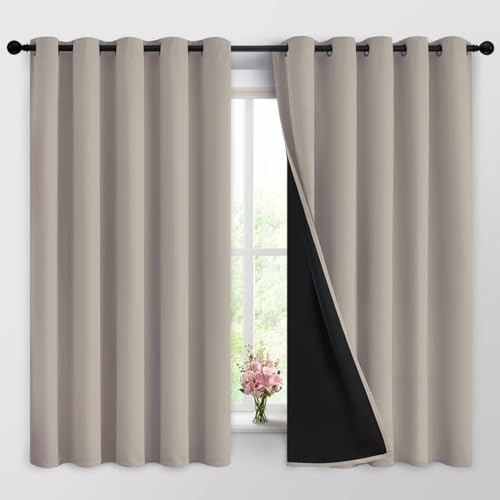 Image of Yakamok Natural Blackout Curtains 63 Inches Long for Bedroom 62 inch Wide 2 PCS | Blackout Curtain Panels for Bedroom, 2 Thick Layers Grommet Top Thermal Insulated Drapes with Black Liner for Living Room