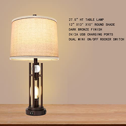 Set Of 2 Table Lamps With Usb Ports, 27.5" Tall Farmhouse Table Lamp With 2 Led Nightlight Blubs, Bedside Lamp Oil Rubbed Bronze Off White Round Burlap Shade For Living Room Bedroom Home Office #TOP1