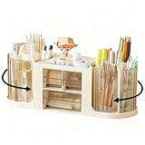 ✏️【14 compartiments】Pot à crayons rotatif avec 10 compartiments, 1 étagère supérieure et 3 tiroirs (dimensions : 36,5 x 12,6 x 13 cm), triables pour gagner de la place et ranger crayons et autres articles de papeterie.