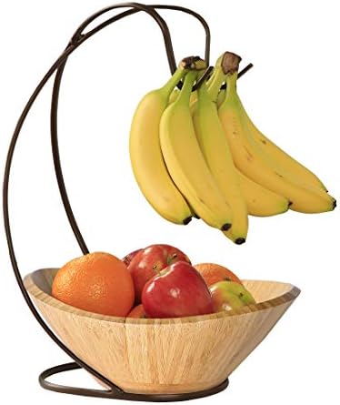 Seville Classics Premium Bamboo Fruit Bowl w/Steel Banana Tree Hook, Kitchen Counter Storage for Fruit, Vegetables, Mixed Nuts, 13" L x 11" W x 17.3" H