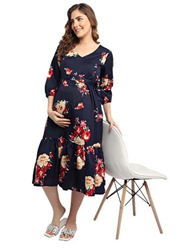 Image of Women's Crepe Maternity Midi Dress /Floral Print Pregnancy Dress /Easy Breast Feeding /Breastfeeding Dress /Western Dress with Zippers for Nursing Pre and Post Pregnancy