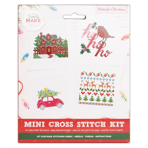 Kit de broderie au point de croix Noël Simply MAKE avec 4 motifs de maison et cerceau inclus