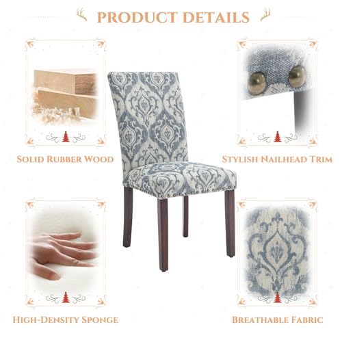 Image of Parsons Dining Chairs Set of 4, Upholstered Nailhead Dining Room Kitchen Side Chair with Thick Cushions and Wood Legs, White /Blue