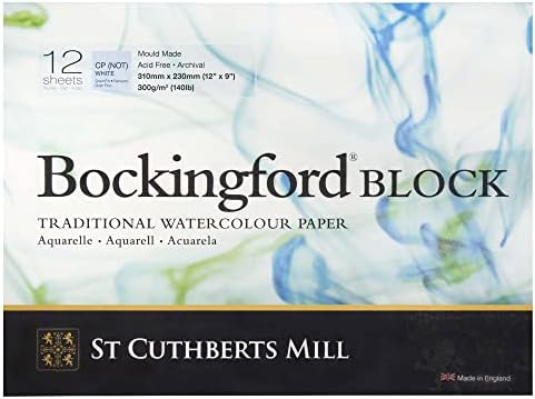 St. Cuthberts Mill Bockingford Watercolor Paper Block - 12x9-inch White Water Color Paper for Artists -12 Sheets of 140lb Cold Press Watercolor Paper for Gouache Ink Acrylic Charcoal and More