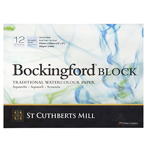 St. Cuthberts Mill Bockingford Watercolor Paper Block - 12x9-inch White Water Color Paper for Artists -12 Sheets of 140lb Cold Press Watercolor Paper for Gouache Ink Acrylic Charcoal and More by Bockingford - Used condition - US$15.28