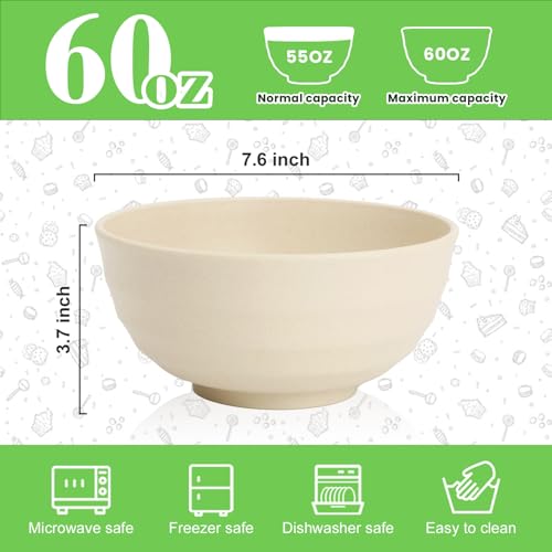 Image of Large Wheat Straw Bowls Set of 6, 60 OZ Unbreakable Serving Bowls, Microwave Safe & Dishwasher Safe, Perfect for Salad, Fruit, Cereal, Soup, Ramen, Family Meals, Beige