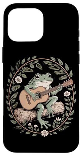 田園ノスタルジア コテージコア カエル フォークギター 木の丸太 野花と葉飾り 自然の静けさ スマホケース iPhone 16 Pro Max 用