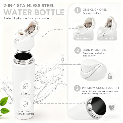 White OwaIa Style Water Bottle 24 Oz Stainless Steel Leak Proof Insulated Water Bottle BPA-Free Sports Water Bottle for Sports and Travel by Farberly - Used condition - Image 4