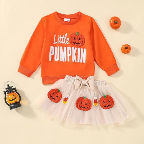 Toddler Girl Halloween Outfit Ghost/Pumpkin Sweatshirt+Embroidered Pattern Skirt 1-6Y2