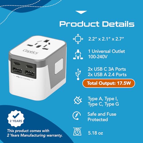 Image of Ceptics Universal Travel Adapter Plug with Dual USB-A and C Ports - Worldwide Power Adapter for Europe, UK, China, UAE, Australia - Charge Phones, Smartwatches & Tablets - Type A, C, G, I