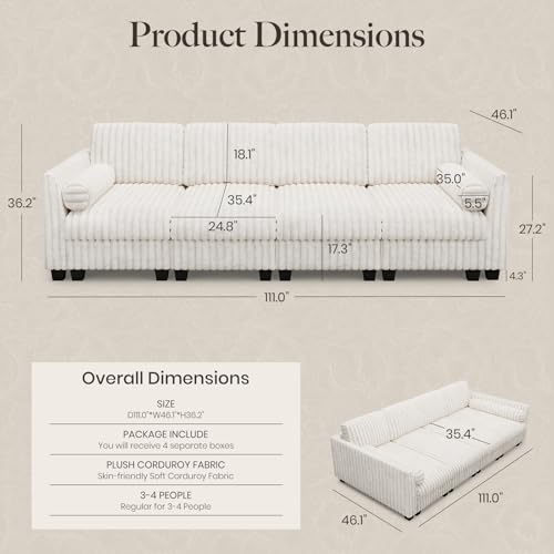 Image of Belffin Plush Corduroy Modular Cloud Sofa Bed with Deep Seat Sectional Cloud Couches for Living Room. Beige Couch