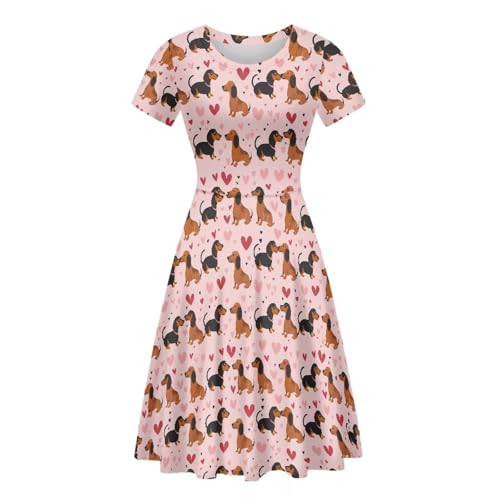 KiuLoam Dachshund Dogs Lover Women Casual Round Neck A-Line Dress Short Sleeve Midi Dresses Party Elegant Beach Sundresses Plus Size XL