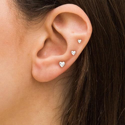 VRIUA Hypoallergenic Flat Back Earrings for Women - 14K Silver Plated Small Heart Flat Back Stud Earrings Cartilage Helix Piercing Jewelry by VRIUA - Image 3
