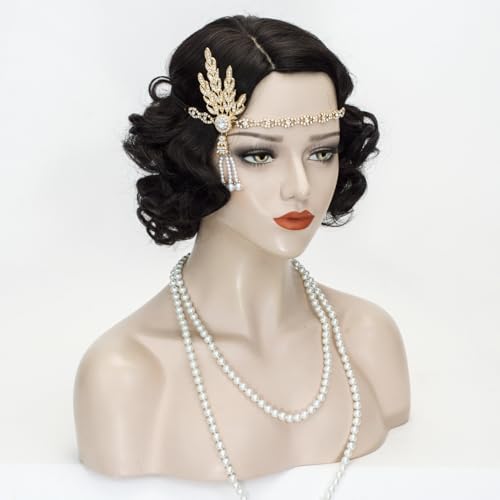 Image of 1920s Finger Wave Wig Women Black 30s Vintage Flapper Wig Lady Rockabilly Short Curly Wig Halloween Party Cosplay Costume Synthetic Hair + Cap
