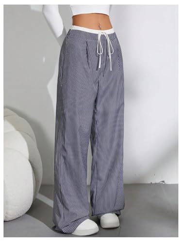 SweatyRocks Women's Striped Print Wide Leg Pants Low Waist Tie Front Loose Long Trousers4