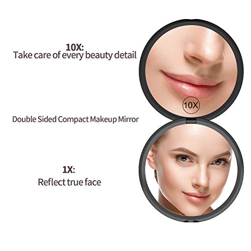 Gospire Pocket Makeup Mirror For Travel, 1X/10X Double Sided Magnifying Compact Handbag Cosmetic Mirror, 4 Inch Ultra-Thin Handheld Round Foldable Portable Mirror For Women (Black) #TOP1