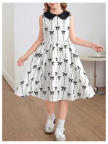 Floerns Girl's Kids Clothes Bowknot Print Sleeveless Collared Ruffle Hem Summer A Line Dress4
