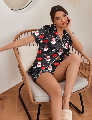 Image of Ekouaer Silk Pajamas for Women Short Sleeve Sleepwear Soft Button Down Loungewear 2 Piece Satin Pjs Shorts Set