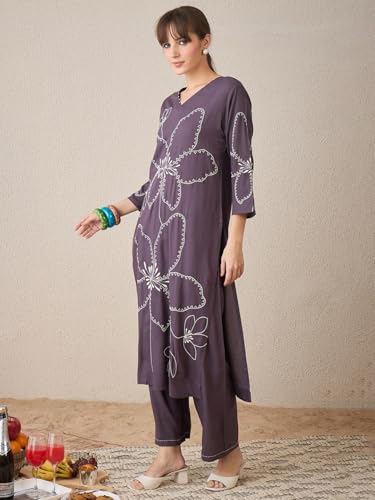 Image of INDO ERA Women's Straight Viscose Rayon Floral Embroidered Kurta & Palazzo Set (IESTR9981)