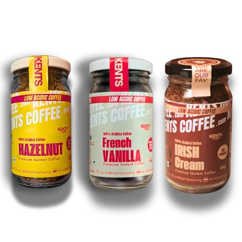 Image of Kents Coffee Triple Flavour Combo - VANILLA, HAZELNUT & IRISH CREAM 3 x 50g Jars | LOW ACIDIC INSTANT COFFEE | Medium Roast | 100% Arabica | No Added Sugar | 135 Cups Serves | CHIKMAGALUR | Perfect for Hot & Cold Brews | Espresso, Latte, ICED & COLD COFFEE (50g x 3)