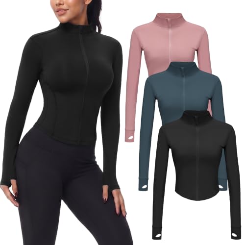 Image of Dalavch 3 Pack Womens Cropped Full Zip up Workout Jacket with Thumb Holes