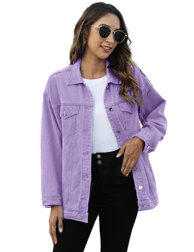 Omoone Womens Oversized Mid Long Denim Jacket Jean Biker Coat(0199-Purple-L)