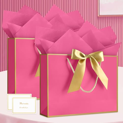 Image of JMANNI Mothers Day Gift Bags with Handles, 13 inch Medium Gift Bag for Presents, 1 Pcs Bags with 2 Tissue Paper and 1 Cards for Baby Shower Wedding Bridal Shower Mother's Day Birthday Party (Magenta-Gold