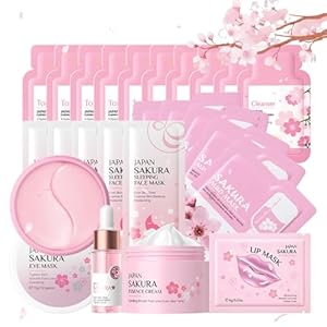 Hautpflege Set für Teenager-Mädchen, Japan Sakura Skincare Set, Anti-aging Gesichtspflege Set, Tägliche Schönheitspflege mit Cleanser, Toner, Serum, Creme, Augenmaske, Gesichtsmaske, Lippenmaske
