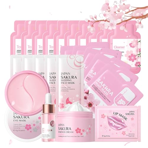Hautpflege Set für Teenager-Mädchen, Japan Sakura Skincare Set, Anti-aging Gesichtspflege Set, Tägliche Schönheitspflege mit Cleanser, Toner, Serum, Creme, Augenmaske, Gesichtsmaske, Lippenmaske