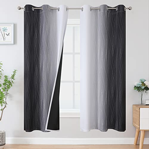 Estelar Textiler Full Room Darkening Blackout Curtains 72 Inch Length 2 Panels Set, Ombre Greyish White and Black Thermal Insulated Full Light Blocking Grommet Blackout Drapes for Bedroom, 42Wx72L