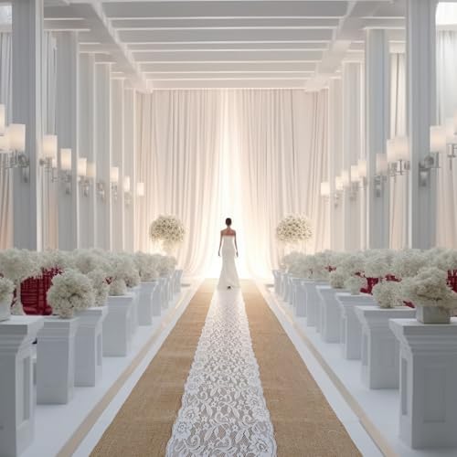 Preboun 3ft x 20 ft Natural Burlap Wedding Runner Aisle Outdoor for Wedding Ceremony Wide Aisle Runner with Lace Jute Rustic Burlap Decorations Outdoor Beach Garden Church