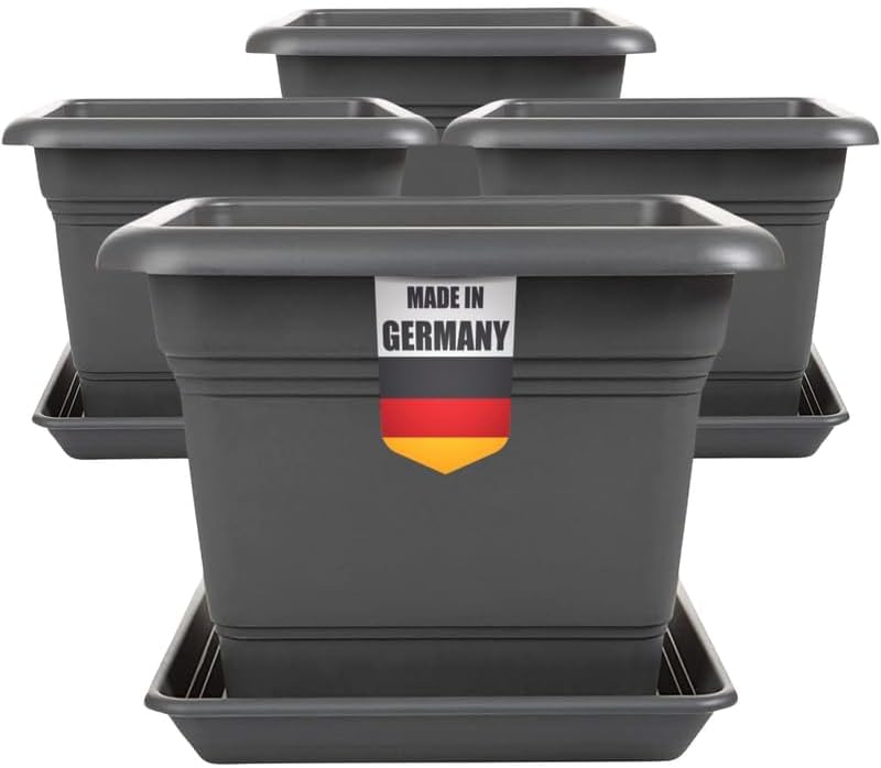 SUSTANIA 4er Set Blumentopf Gross mit Untersetzer 28x28 cm eckig, 16 Liter, Pflanzkübel Groß aussen, Tomaten Kübel Blumenkübel Pflanztopf, Made in Germany, Anthrazit