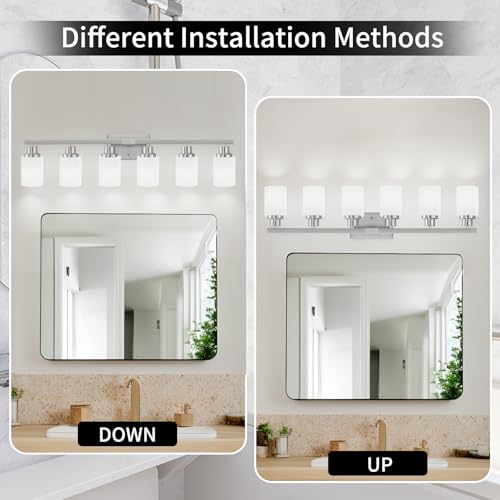 Image of 6-Light Bathroom Vanity Light Nickel Bathroom Vanity Lights 36.8in | White Frosted Ribbed Glass Shade Wall Sconce Lighting Wall Lights Bath Vintage Wall Mounted Lamps for Mirror E26 Base