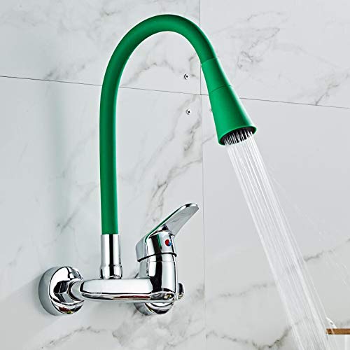 Grifo Mezclador de Cocina Mural con Manguera Flexible giratoria de 360 Grados y Doble Orificio.