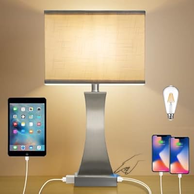 OYedis Table Lamp for Bedroom 3-Way Dimmable Touch Control Bedside Lamp with USB A+C Port & Outlet 21.6" Tall Nightstand Lamp for Living Room Bedroom Office and Hotel Bulb Included