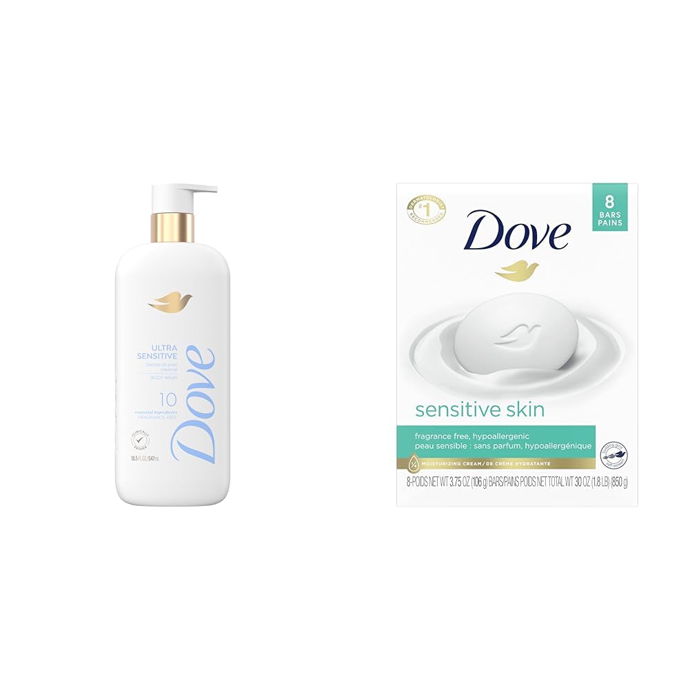 Dove Fragrance Free Body Wash Ultra Sensitive 10 Ingredients 18.5 oz Beauty Bar Fragrance Free Hypoallergenic Sensitive Skin 3.75 oz (Pack of 8)