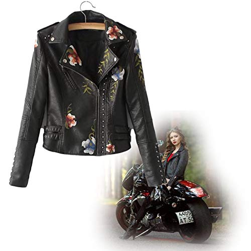 Femme Manteau en Cuir Beign Veste Fleurs Brodées Clouté Casual Manteau Biker Moto Coupe Slim Manches Longues，Veste Blazer De Moto en Simili Cuir Elégant Rivet Blousons avec Broderie XL Noir